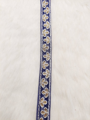 Wholesale Navy Blue Net Lace Floral Embroidery & Glitter Gold Sequins, Indian Wedding Border, Gifting Ribbon Costume Trim Fashion Trimming